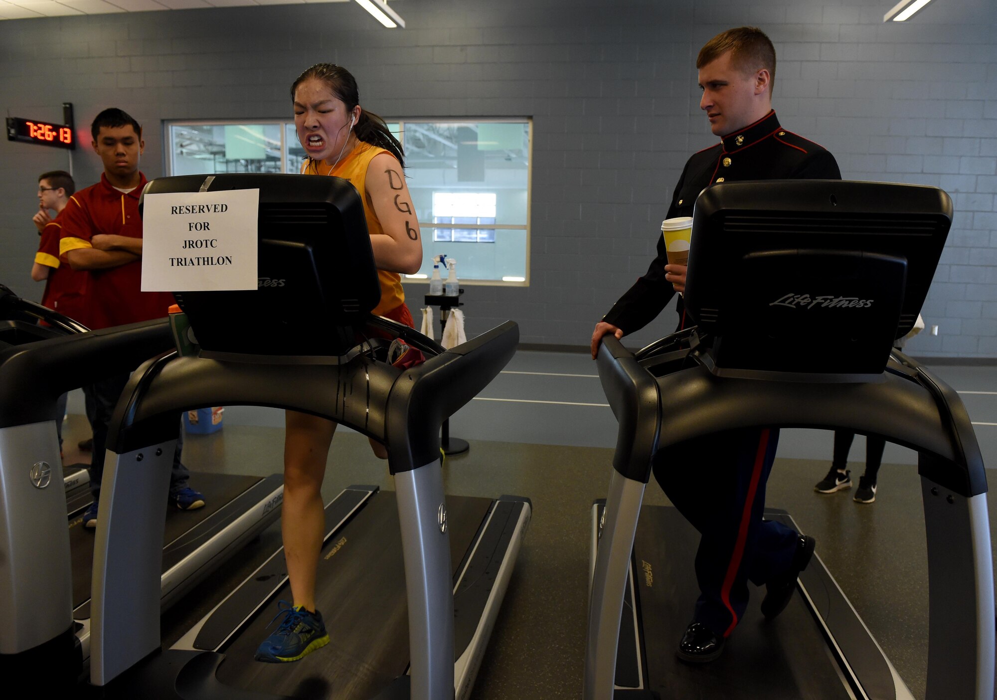 Junior ROTC cadets from Anchorage-area high schools competed in the JROTC Indoor Triathlon at Buckner Physical Fitness Center at Joint Base Elmendorf-Richardson, Alaska, March 25, 2017. Nine teams of eight athletes competed in a timed swim, bike and run. The annual event has been hosted at Buckner PFC since January 2005. 
