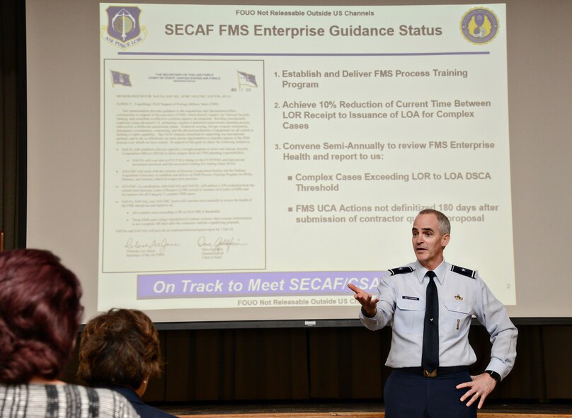 Air Force Security Assistance and Cooperation Director Brig. Gen. Gregory Gutterman spoke to Foreign Military Sales members about the Secretary of the Air Force’s enterprise guidance status at an all-call Feb. 27 during his visit to Tinker. (Air Force photo by Kelly White)