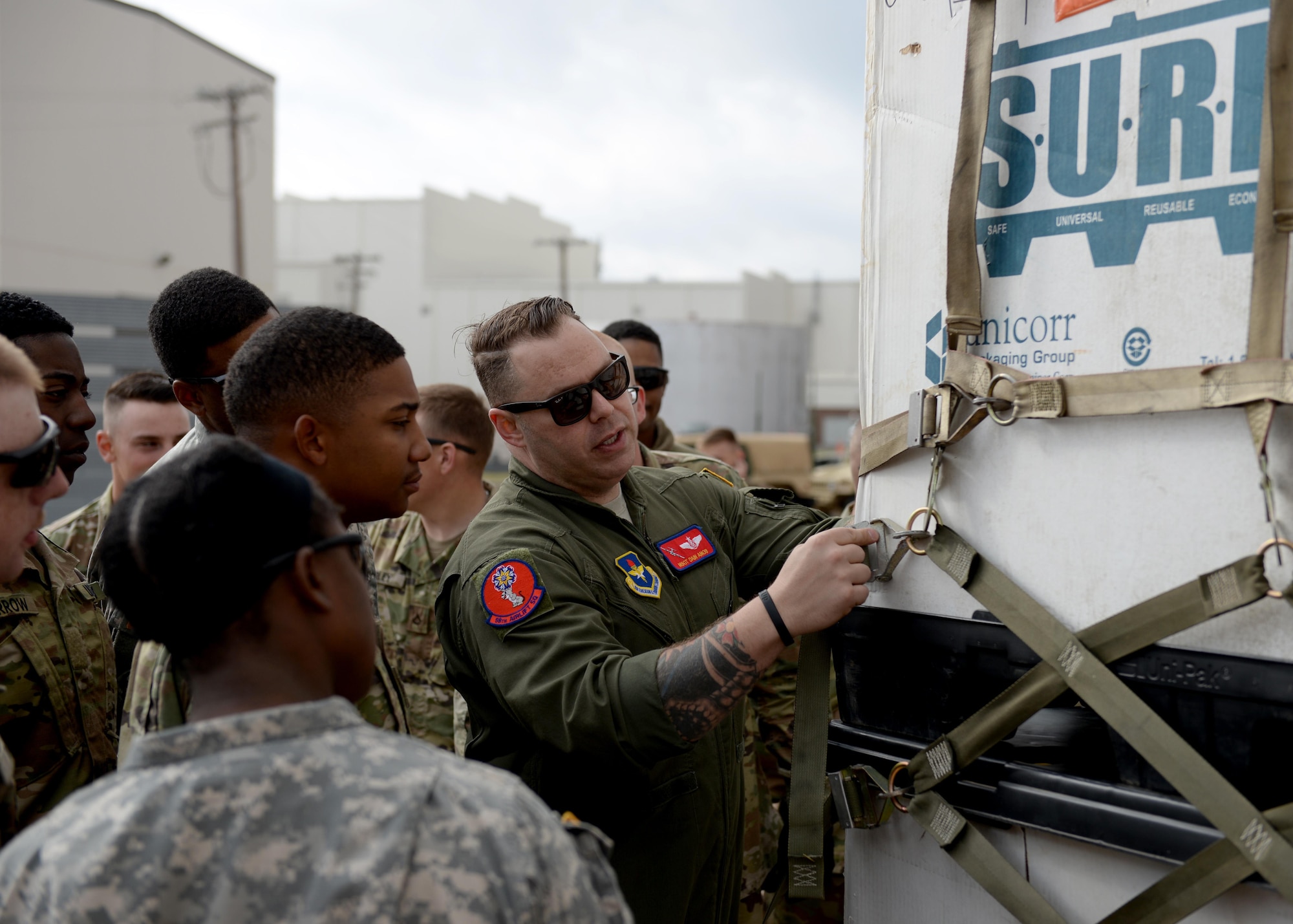 U.S. Air Force Master Sgt. Edwin Amos (center), 58th Airlift Squadron instructor loadmaster, provides instruction to U.S. Army Soldiers assigned to the 578th Forward Support Company at Fort Sill, Oklahoma, on securing a cargo pallet, March 23, 2017, at Altus Air Force Base, Oklahoma. The soldiers came to Altus AFB to learn how to secure cargo pallets and vehicles to a U.S. Air Force C-17 Globemaster III cargo aircrafts. (U.S. Air Force photo by Airman 1st Class Jackson N. Haddon/Released).