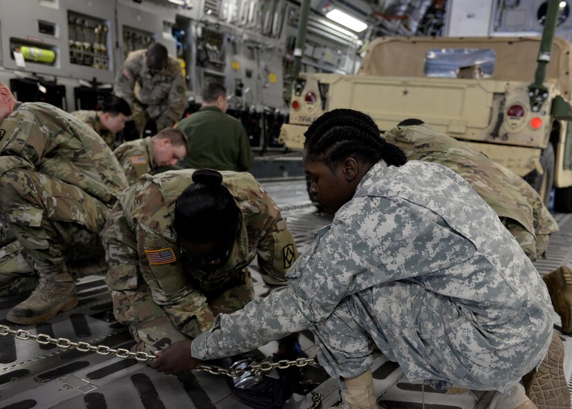 U.S. Army Soldiers assigned to the 578th Forward Support Company at Fort Sill, Oklahoma, secure a U.S. Army High Mobility Multipurpose Wheeled Vehicle on board a U.S. Air Force C-17 Globemaster III cargo aircraft, March 23, 2017, at Altus Air Force Base, Oklahoma. The soldiers came to Altus AFB to learn how to secure cargo pallets and vehicles to a U.S. Air Force C-17 Globemaster III cargo aircrafts. (U.S. Air Force photo by Airman 1st Class Jackson N. Haddon/Released).