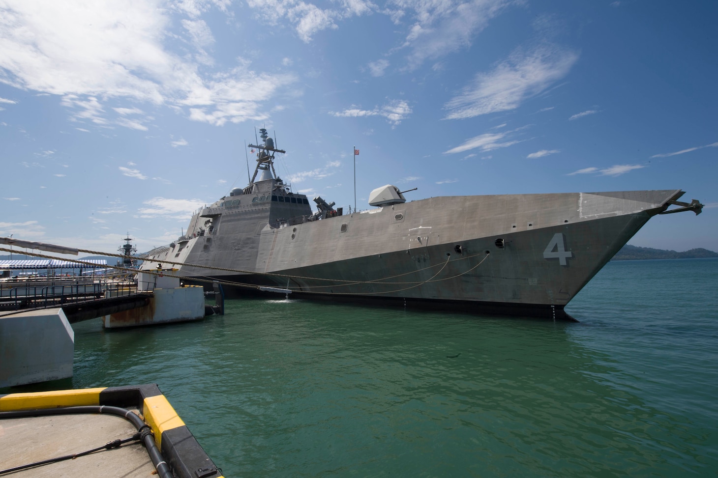 The littoral combat ship USS Coronado (LCS 4) moors pierside in Langkawi, Malaysia during the Langkawi International Maritime and Aerospace Exhibition 2017. The ship is on a rotational deployment in U.S. 7th Fleet area of responsibility, Mar. 25, 2017. Coronado is a fast and agile warship tailor-made to patrol the region's littorals and work hull-to-hull with partner navies, providing 7th Fleet with the flexible capabilities it needs now and in the future.
