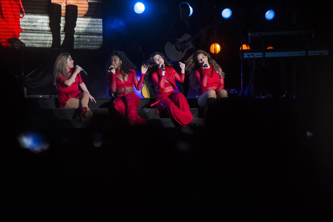 Fifth Harmony sings during a concert March 23 aboard Camp Foster, Okinawa, Japan. The group performed a few of their top hits including, “BO$$,” “Work From Home,” and “That’s My Girl.” Approximately 9,500 people attended the concert, including service members, local Okinawa residents and fans who travelled from mainland Japan.