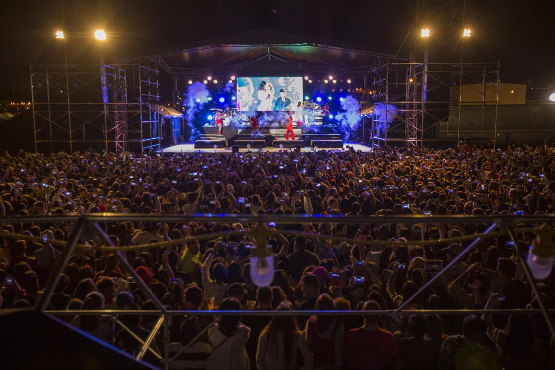 A crowd of approximately 9,500 sings along with Fifth Harmony during their concert March 23 aboard Camp Foster, Okinawa, Japan. The crowd included service members, local Okinawa residents and fans who travelled from mainland Japan. The group performed a few of their top hits including, “BO$$,” “Work From Home,” and “That’s My Girl.”
