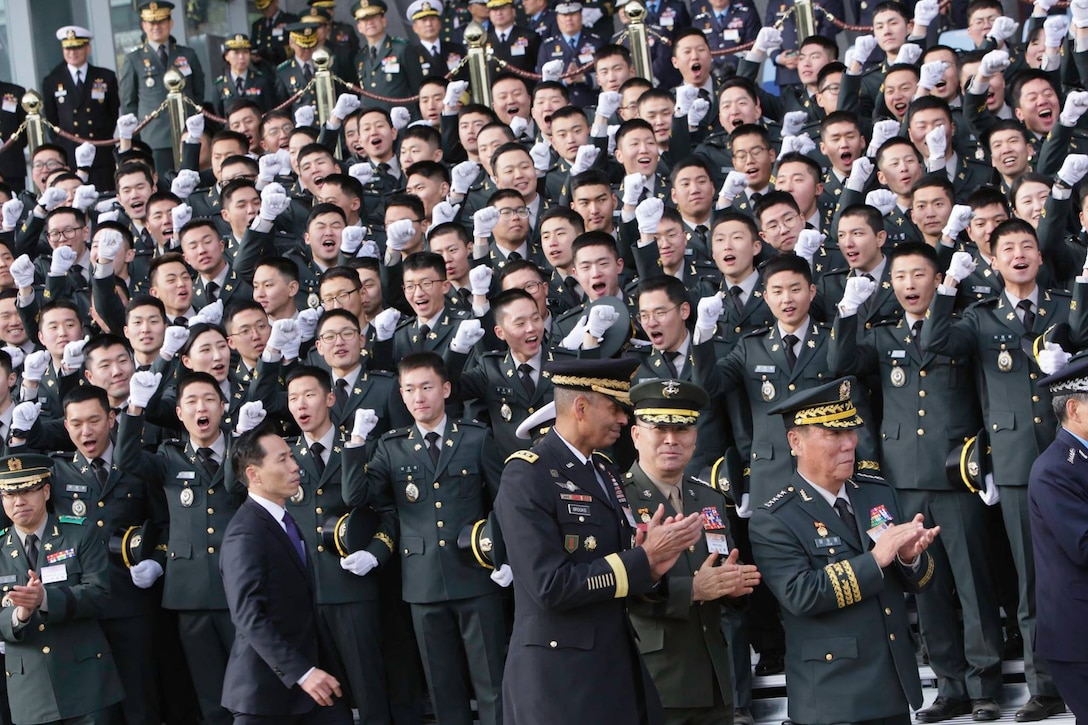 U.S. Forces Korea Commander, Gen. Vincent K. Brooks and Deputy Commander, Combined Force Command, Gen. Leem Ho-young attend the annual Republic of Korea Military Joint Commissioning Ceremony to celebrate more than 5,000 new ROK officers as they receive their commissions on the parade field at Gye-ryong-dae, ROK, March 8. 