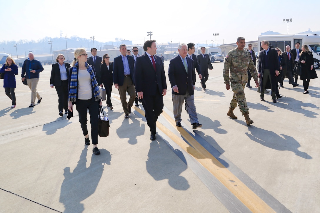 Gen. Vincent K. Brooks, United Nations Commander, Combined Forces Commander, and United States Forces Korea commander, welcomes U.S. Secretary of State Rex Tillerson at Osan Air Base, in Pyeongtaek, South Korea, Mar. 17, 2017. Secretary Tillerson made a stop in Korea during his first visit to Asia as Secretary of State.