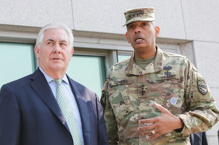 Gen. Vincent K. Brooks, United Nations Commander, Combined Forces Commander, and United States Forces Korea commander, and U.S. Secretary of State Rex Tillerson speak at an observation point located within the Joint Security Area (JSA) inside the Korean Demilitarized Zone, Mar. 17, 2017. Secretary Tillerson made a stop in Korea during his first visit to Asia as Secretary of State.