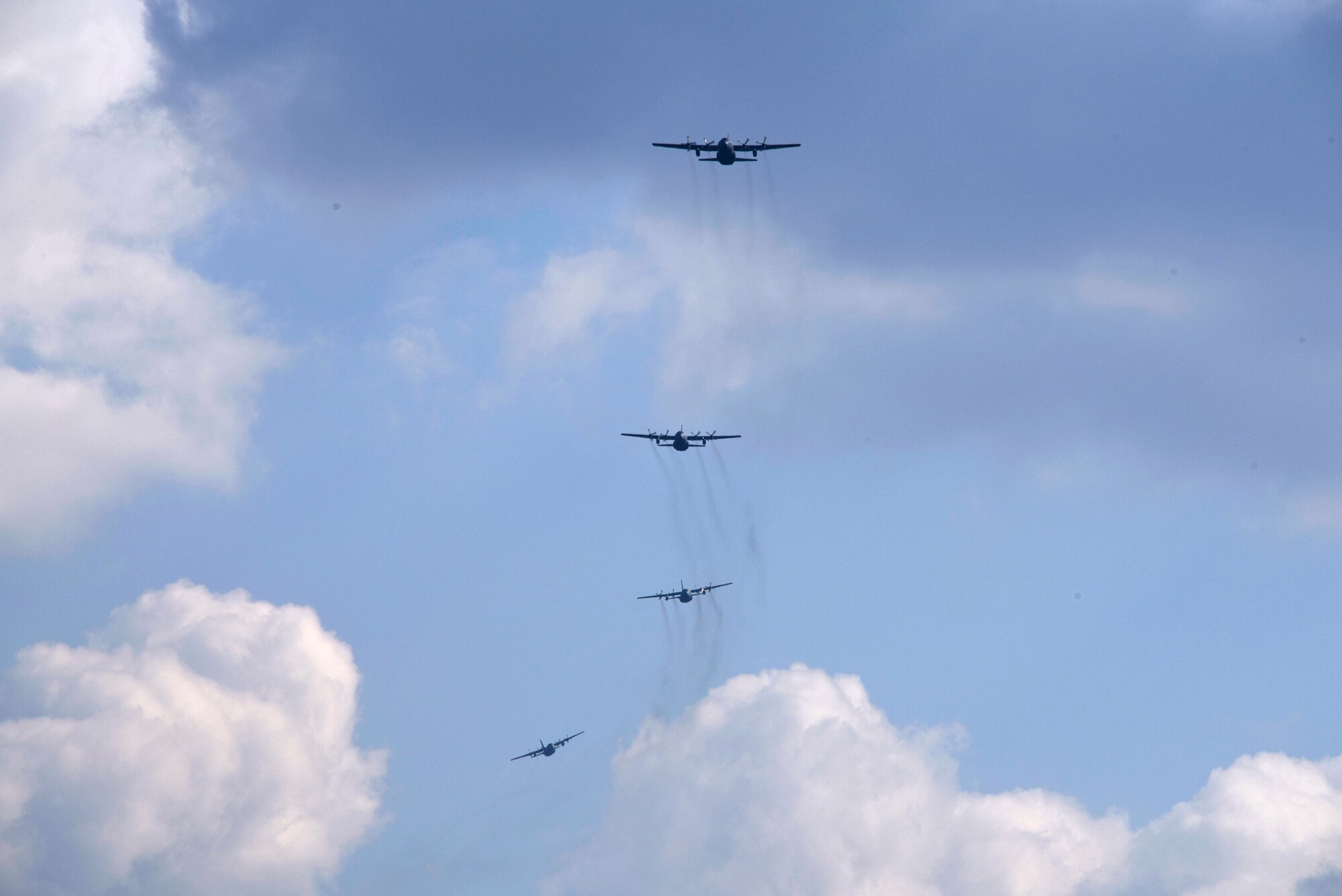 U.S. and Polish C-130 Hercules aircraft fly a 4-ship formation at Powidz Air Base, Poland, March 24, 2017.  Airmen from both countries participated in bilateral training during Aviation Detachment 17-2 in support of Operation Atlantic Resolve.  These bilateral trainings focused on maintaining joint readiness while building interoperability.  (Air National Guard photo by Staff Sgt. Alonzo Chapman/Released).