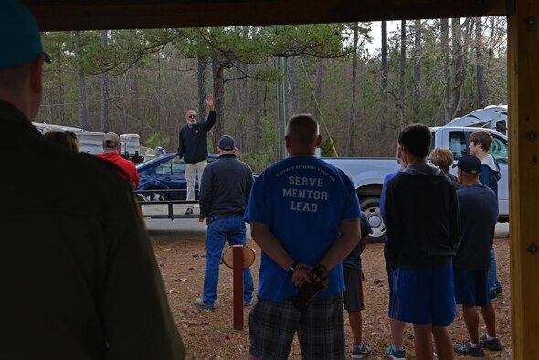 Curt Marshall, 20th Force Support Squadron (FSS) Wateree Recreation Area manager, gives a safety brief at Wateree Recreation Area near Camden, S.C., March 25, 2017. During the ninth annual Beautify Wateree event, volunteers saved the 20th FSS around $20,000 by helping to clean up winter debris. (U.S. Air Force photo by Airman 1st Class Destinee Sweeney)
