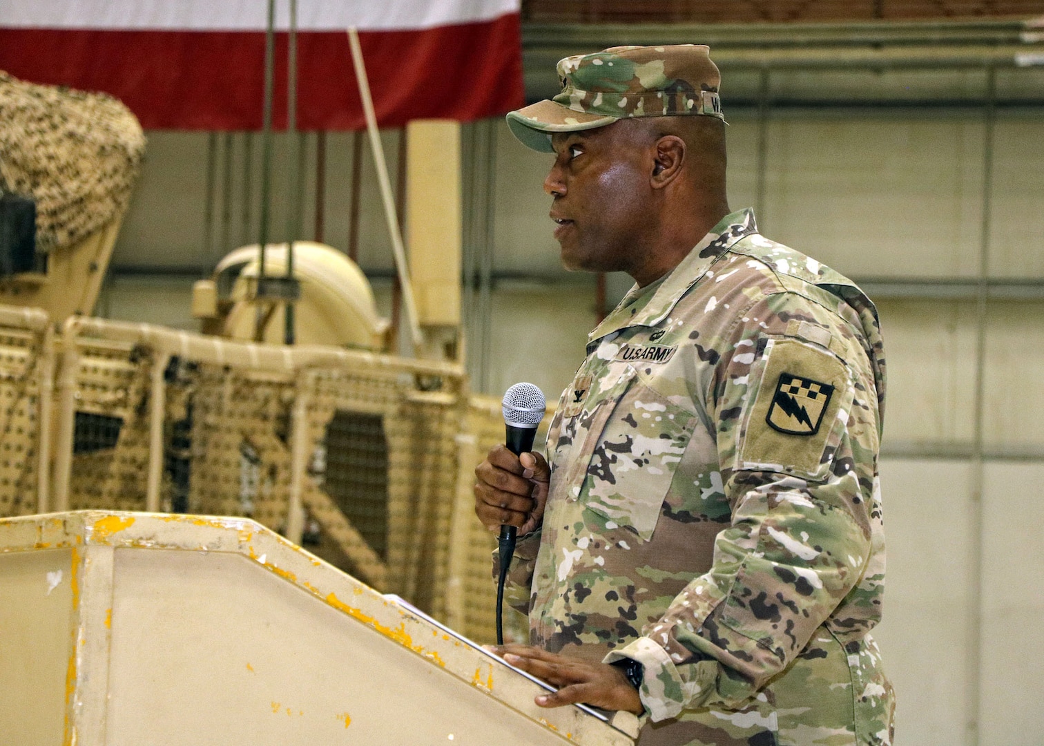 BAGRAM AIRFIELD, Afghanistan (Mar. 26, 2017) - U.S. Army Col. James E. Walker, Task Force Lightning/525th Expeditionary Military Intelligence Brigade commander, thanks the service members and guests who attended today's transfer of authority ceremony. Walker reported the Soldiers of 525th E-MIB were trained and ready for the mission ahead.  TF Lightning assumed the Afghanistan-theater Intelligence, Surveillance, and Reconnaissance mission from TF ODIN.  Photo by Jet Fabara, U.S. Forces Afghanistan Public Affairs.