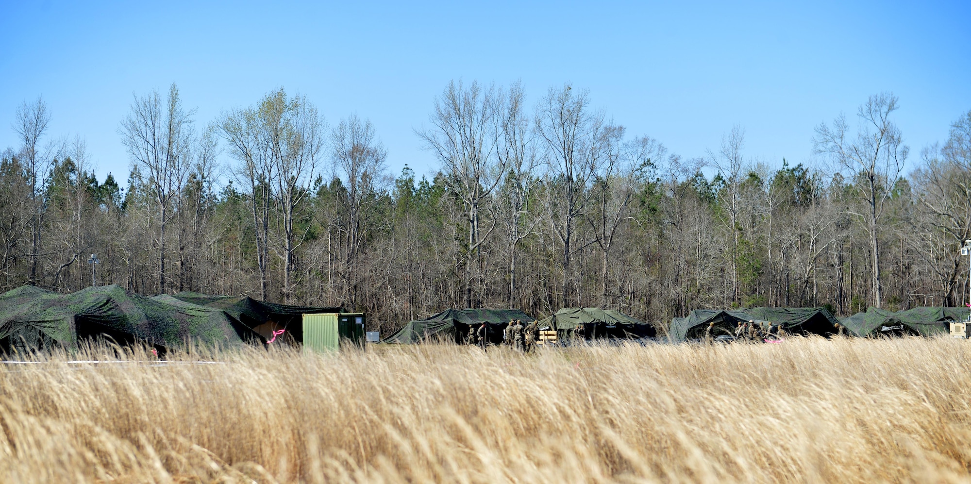 U.S. Marines assigned to Marine Wing Support Detachment 31 stationed at Marine Corps Air Station Beaufort, S.C., undergo training at Poinsett Electronic Combat Range near Wedgefield, S.C., March 23, 2017. Approximately 150 Marines from the detachment “deployed” to Poinsett range to evaluate their ability to accomplish mission essential tasks in a deployed environment. (U.S. Air Force photo by Airman 1st Class Christopher Maldonado)