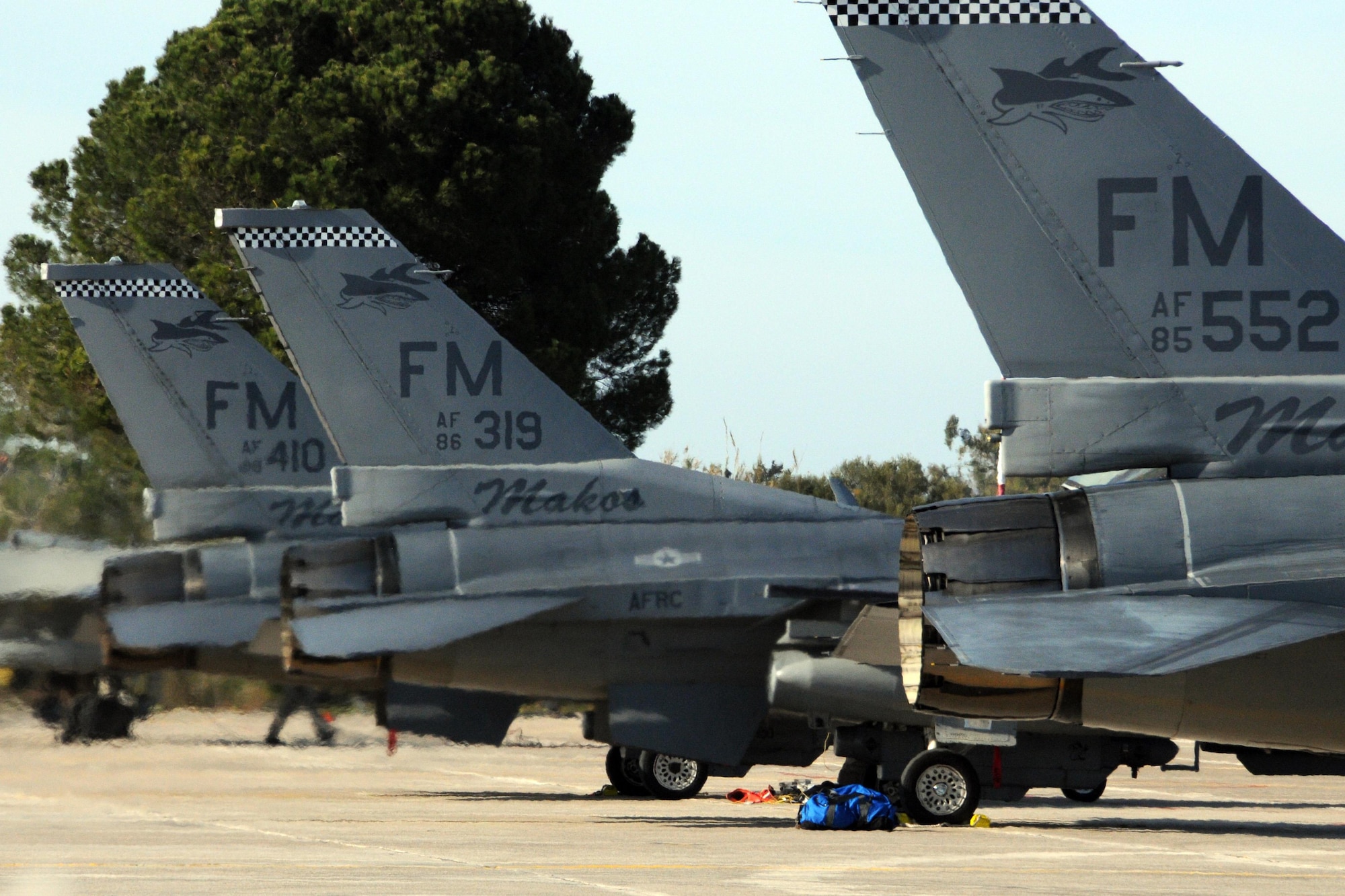 U.S. Air Force F-16Cs are parked on the flightline at Andravida Air Base Greece, Mar. 23, 2017 before the start of INIOHOS 17.  The U.S. and Greece, as NATO allies, are participating in the exercise to promote peace and stability, and to seek opportunities to continue developing a relationship. (U.S. Air Force photo by Staff Sgt. Ciara Gosier)