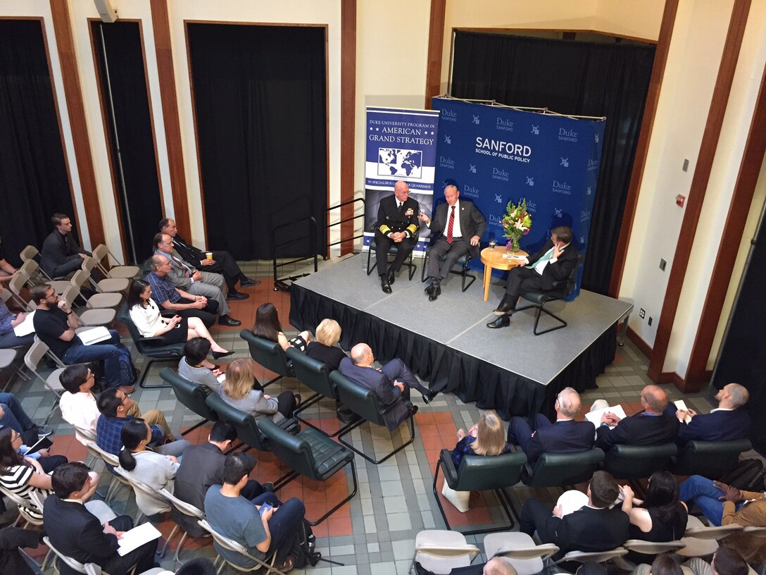 DURHAM, North Carolina (March 27, 2017) -- Navy Adm. Kurt W. Tidd, commander of U.S. Southern Command, and retired Army Gen. Martin Dempsey, the previous Chairman of the Joint Chiefs of Staff, discuss security issues in Latin America and the Caribbean during a forum at Duke University's Sanford School of Public Policy. The discussion, titled "Current Challenges and Opportunities for the U.S. Military in the Caribbean, Central, and South America," was moderated by Duke Professor Peter Feaver. (U.S. Southern Command photo)