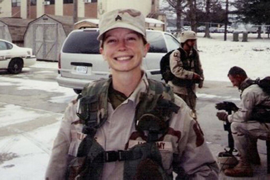 A smiling Kayla Williams on her return home from a deployment to Iraq. Photo courtesy of Kayla Williams