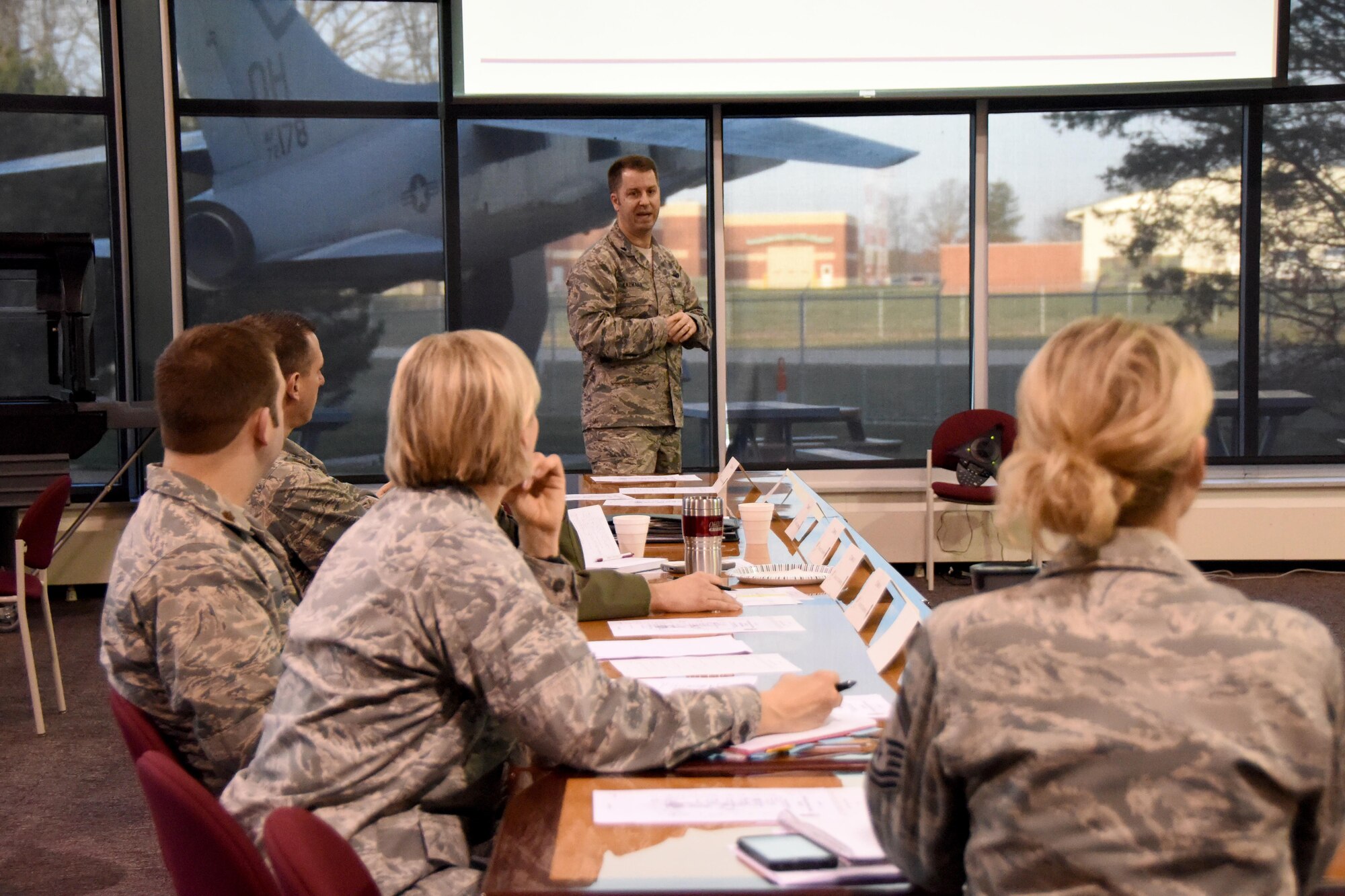 Lt. Col. Kent Kazmaier, 178th Wing inspector general speaks at the Tri-State Inspector General Conference, March 23 at the Springfield Air National Guard base, Ohio. Members representing five Air National Guard units participated to discuss ways to improve their inspection programs.