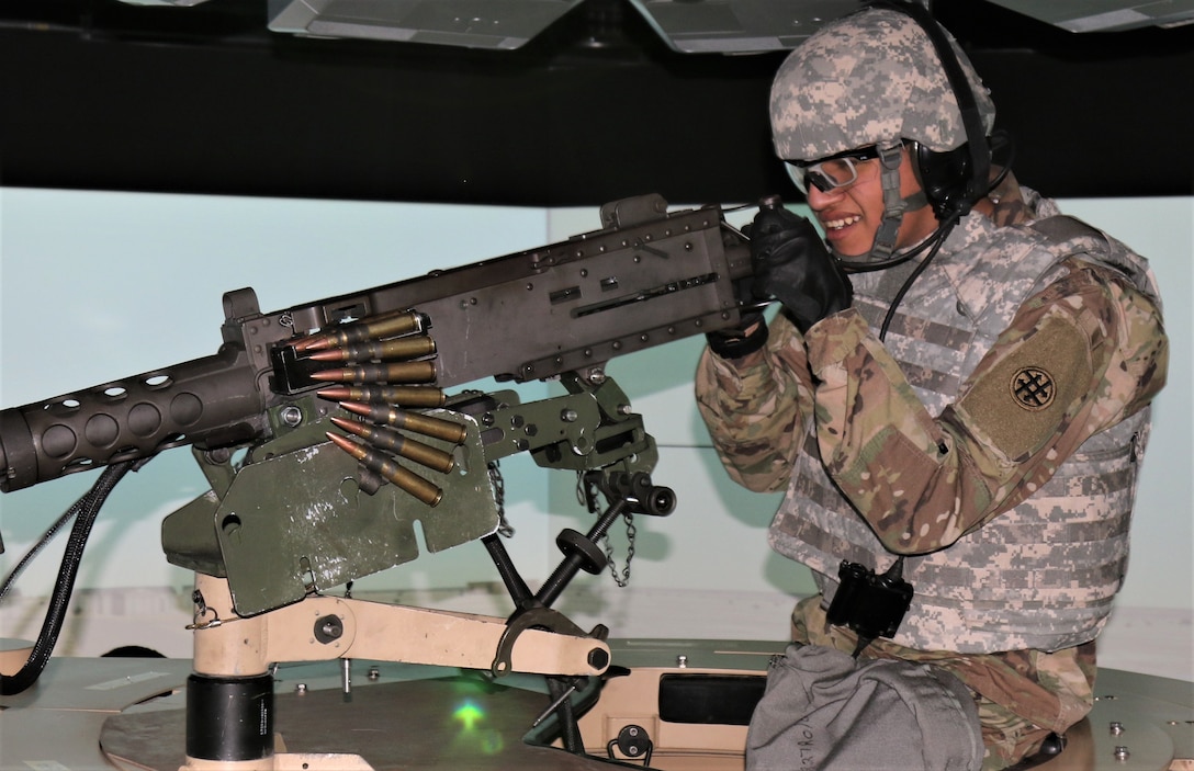 U.S. Army Reserve Pvt. 2nd Class Thomas Gonzales a Chemical, Biological, Radiological and Nuclear Specialist with the 373rd Combat Sustainment Support Battalion based in Beaumont, Texas, engages simulated targets with a M2 .50 caliber machine gun in the Reconfigurable Vehicle Tactical Trainer during Operation Cold Steel, at Fort McCoy, Wis., Mar. 21, 2017.  Operation Cold Steel is the U.S Army Reserve’s crew-served weapons qualification and validation exercise to ensure that America’s Army Reserve units and Soldiers are trained and ready to deploy on short-notice bringing combat-ready and lethal firepower in support of the Total Army and our Joint Force anywhere in the world. (U.S. Army Reserve photo by Maj. Brandon R. Mace)