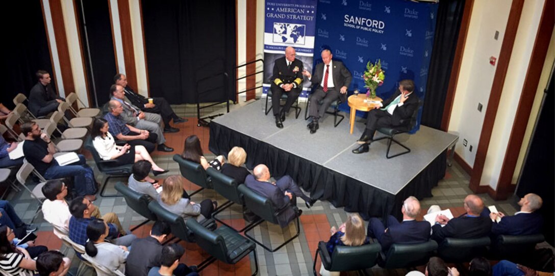 DURHAM, North Carolina (March 27, 2017) -- Navy Adm. Kurt W. Tidd, commander of U.S. Southern Command, and retired Army Gen. Martin Dempsey, the previous Chairman of the Joint Chiefs of Staff, discuss security issues in Latin America and the Caribbean during a forum at Duke University's Sanford School of Public Policy. (U.S. Southern Command photo)