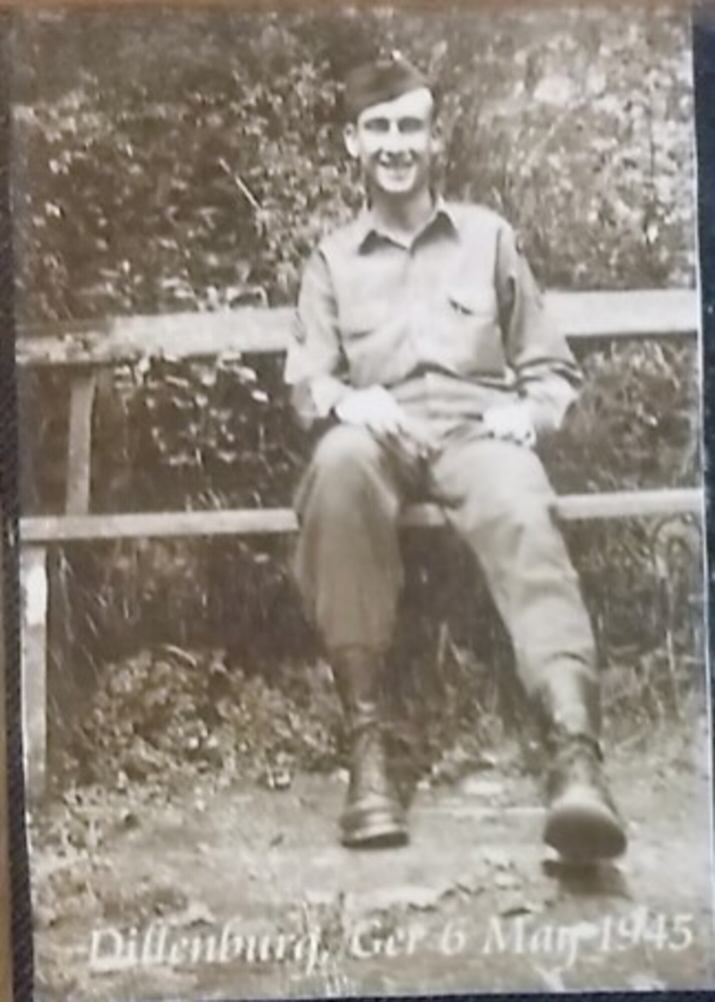 Tech. 2 Ted Merris, 303rd Engineer Combat Battalion foot soldier, poses for a photo May 1945 during World War II in Dillenburg, Germany. (Courtesy photo)