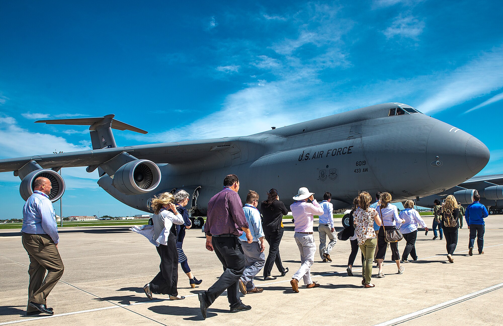Civic Leaders from the 403rd Wing, Keesler Air Force Base, Mississippi tour a C-5M Super Galaxy aircraft March 23, 2017 at Joint Base San Antonio-Lackland, Texas. The two-day visit included a tour of the C-5M Super Galaxy aircraft; a walk through of the 733rd Training Squadron, reception with the Greater San Antonio Chamber of Commerce, 433rd Maintenance Group engine and structural shop; U.S. Army Medical Department Museum; The Center for the Intrepid; and a tour of the U.S. Army Combat Medic Training. (U.S. Air Force photo by Benjamin Faske)