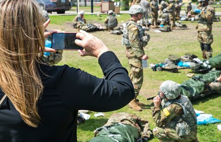 Cindy Lamb, Pickering client relations manager, observes U.S. Army medic training during the 403rd Wing civic leader tour March 24, 2017 at Joint Base San Antonio-Ft. Sam Houston, Texas. (U.S. Air Force photo by Benjamin Faske)