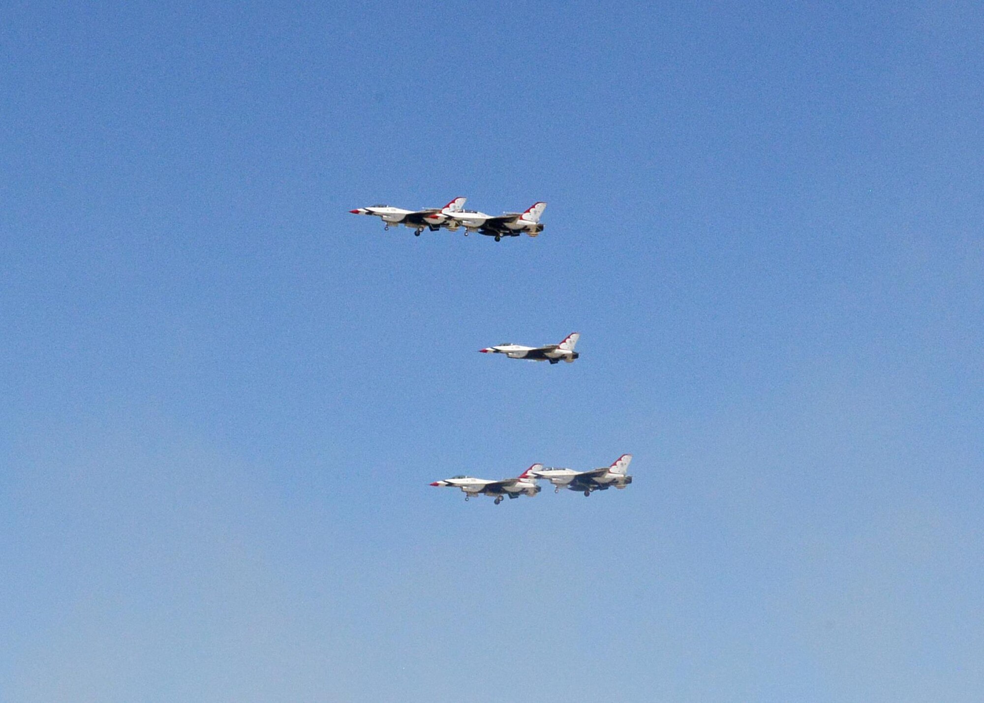 The highlight of the 2017 L.A. County Air Show was the U.S. Air Force Thunderbirds Demonstration Team. Six red, white and blue F-16s took to the skies to demonstrate precision flying both in formation and individually on both days of the air show, March 25-26. (U.S. Air Force photo by Kenji Thuloweit)