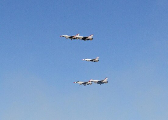 The highlight of the 2017 L.A. County Air Show was the U.S. Air Force Thunderbirds Demonstration Team. Six red, white and blue F-16s took to the skies to demonstrate precision flying both in formation and individually on both days of the air show, March 25-26. (U.S. Air Force photo by Kenji Thuloweit)