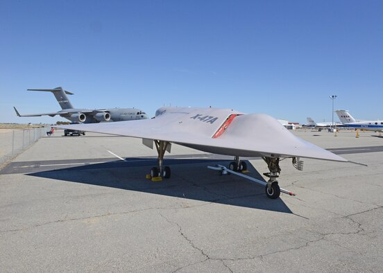 The Northrop Grumman X-47A was on display at the 2017 L.A. County Air Show March 25-26. The X-47A is a demonstration Unmanned Combat Aerial Vehicle. The X-47B is now being tested as an unmanned aerial vehicle that can land on aircraft carriers. (U.S. Air Force photo by Kenji Thuloweit)