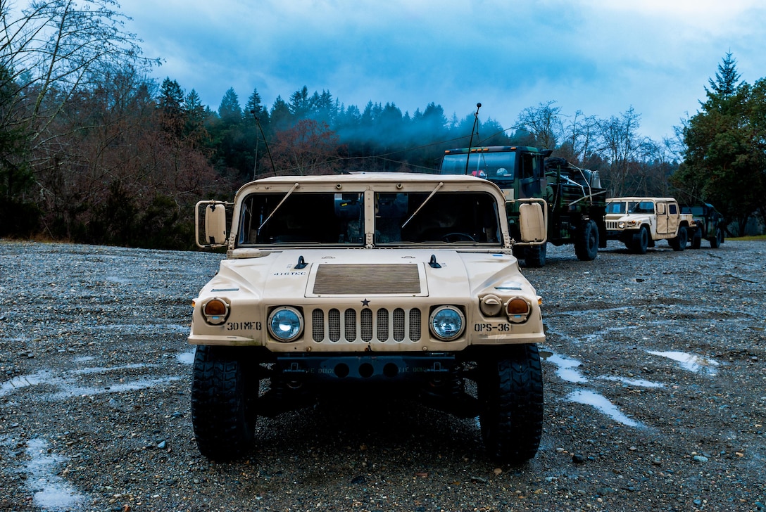 Soldiers from the 301st Maneuver Enhancement Brigade prepare to depart for a convoy on Joint Base Lewis-McChord, Washington, March 11, 2017. Soldiers from the 301st Maneuver Enhancement Brigade went through a series of maneuver and mobility exercises to ensure deployment readiness and demonstrate the brigade’s ability to command and control in a tactical environment (U.S. Army Reserve photo by Spc. Sean F. Harding/Released).