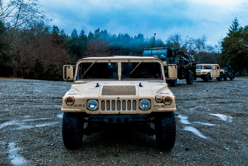 Soldiers from the 301st Maneuver Enhancement Brigade prepare to depart for a convoy on Joint Base Lewis-McChord, Washington, March 11, 2017. Soldiers from the 301st Maneuver Enhancement Brigade went through a series of maneuver and mobility exercises to ensure deployment readiness and demonstrate the brigade’s ability to command and control in a tactical environment (U.S. Army Reserve photo by Spc. Sean F. Harding/Released).
