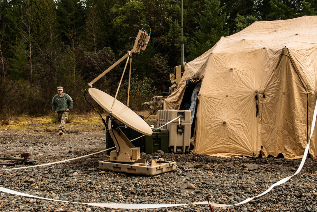 A very small aperture terminal (VSAT) provides long-distance communication capabilities at the 301st Maneuver Enhancement Brigade tactical command post (TAC) on Joint Base Lewis-McChord, Washington, March 11, 2017. Soldiers from the 301st Maneuver Enhancement Brigade went through a series of maneuver and mobility exercises to ensure deployment readiness and demonstrate the brigade’s ability to command and control in a tactical environment. (U.S. Army Reserve photo by Spc. Sean F. Harding/Released).