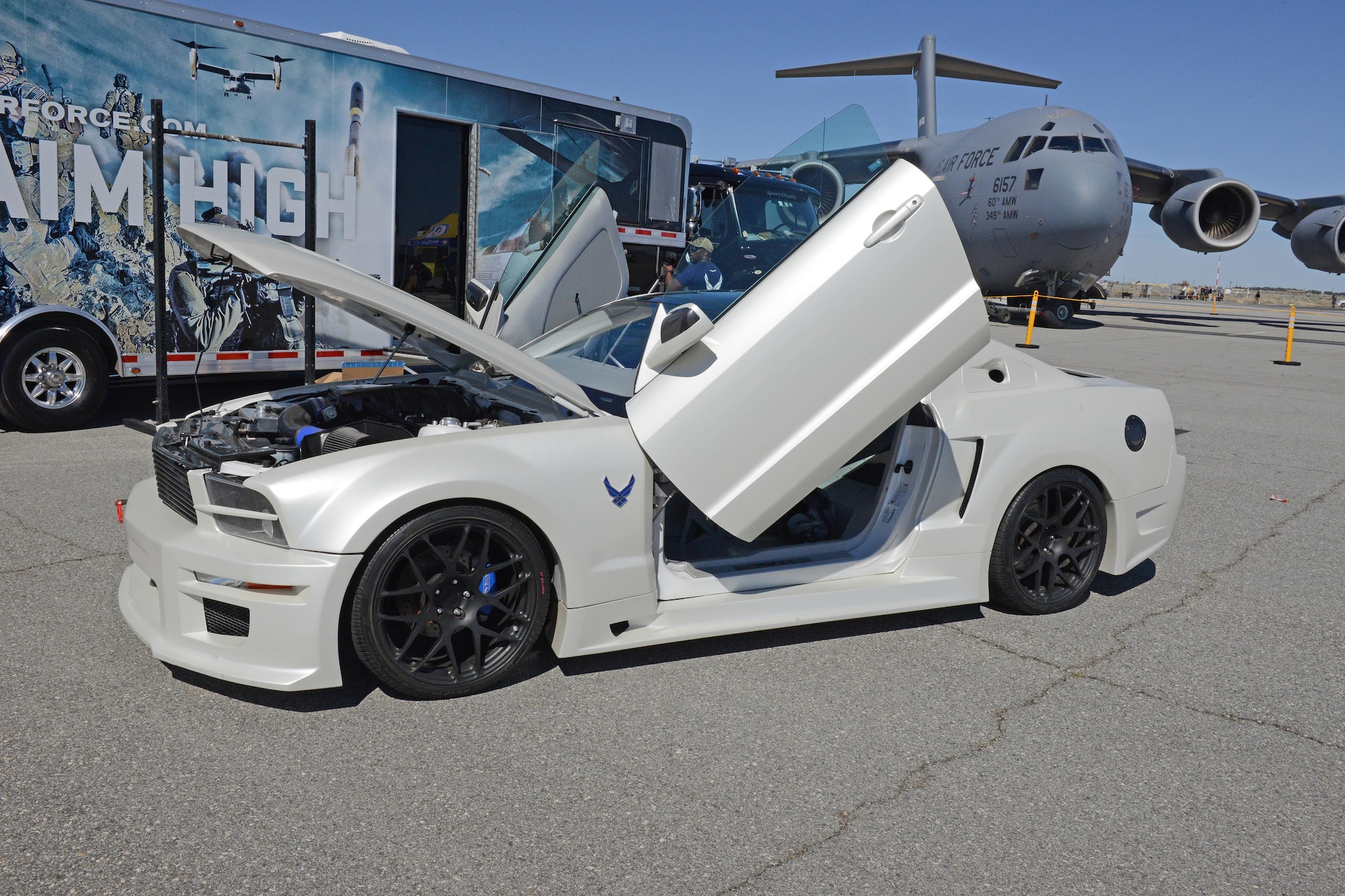 An Air Force Public Affairs team brought the Air Force X-1 Super Car, a heavily-modified Ford Mustang, to the L.A. County Air Show March 25-26. The X-1 travels across the country as part of a mobile marketing campaign to educate young people on the mechanical and technical career opportunities available in the Air Force. (U.S. Air Force photo by Kenji Thuloweit)