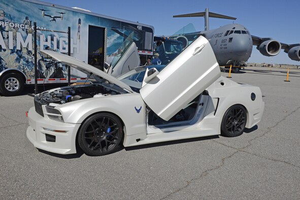 An Air Force Public Affairs team brought the Air Force X-1 Super Car, a heavily-modified Ford Mustang, to the L.A. County Air Show March 25-26. The X-1 travels across the country as part of a mobile marketing campaign to educate young people on the mechanical and technical career opportunities available in the Air Force. (U.S. Air Force photo by Kenji Thuloweit)