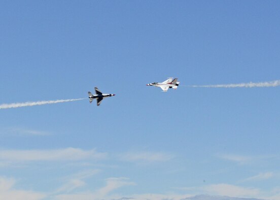 The highlight of the 2017 L.A. County Air Show was the U.S. Air Force Thunderbirds Demonstration Team. Six red, white and blue F-16s took to the skies to demonstrate precision flying both in formation and individually on both days of the air show, March 25-26. (U.S. Air Force photo by Kenji Thuloweit)