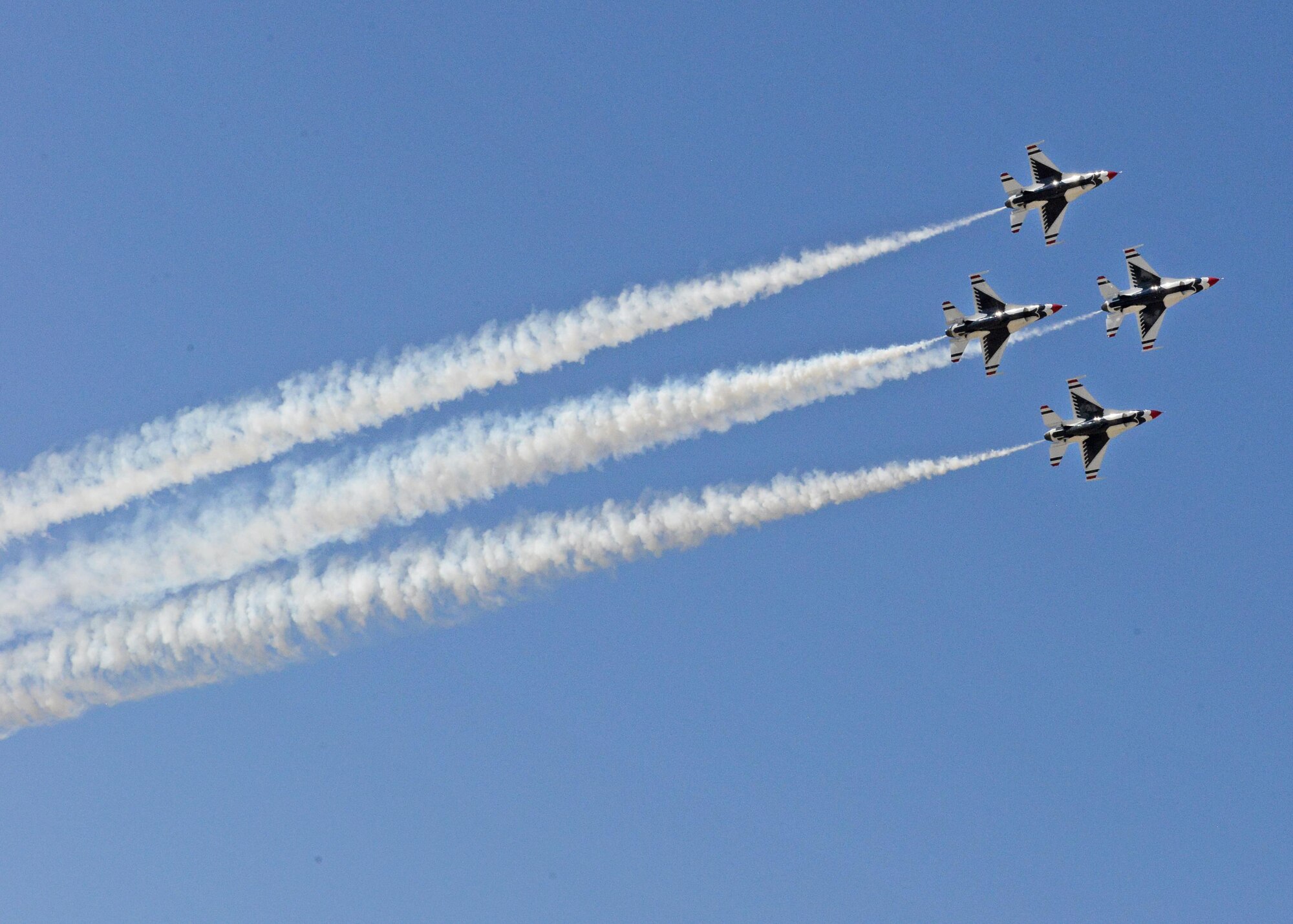 The highlight of the 2017 L.A. County Air Show was the U.S. Air Force Thunderbirds Demonstration Team. Six red, white and blue F-16s took to the skies to demonstrate precision flying both in formation and individually on both days of the air show, March 25-26. (U.S. Air Force photo by Kenji Thuloweit)