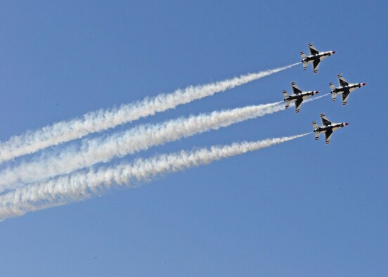 The highlight of the 2017 L.A. County Air Show was the U.S. Air Force Thunderbirds Demonstration Team. Six red, white and blue F-16s took to the skies to demonstrate precision flying both in formation and individually on both days of the air show, March 25-26. (U.S. Air Force photo by Kenji Thuloweit)