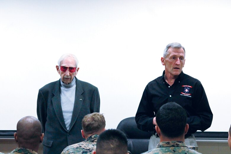 Welcoming James "Horse" Smith, Joe Shusko told the  Marines to listen up as the World War II veteran told them all about what happened at Guadalcanal.