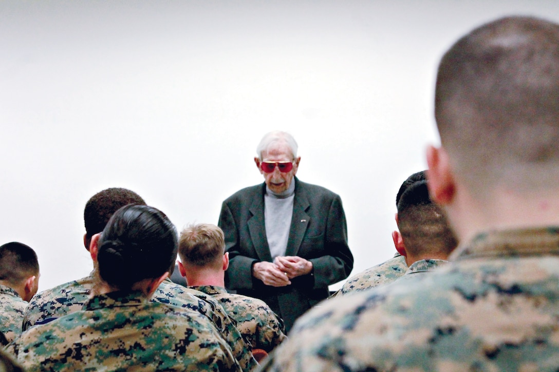 James "Horse Collar" Smith was a member of the 1st Marine Raider Battalion. He was welcomed by Marines as part of a Professional Military Education class.  Smith talked about his experiences in WWII at Guadalcanal.