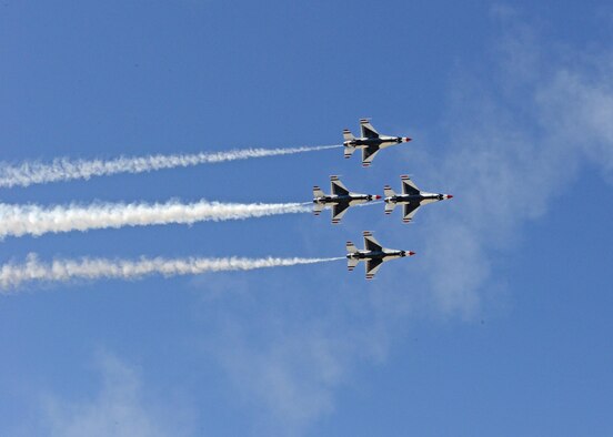 The highlight of the 2017 L.A. County Air Show was the U.S. Air Force Thunderbirds Demonstration Team. Six red, white and blue F-16s took to the skies to demonstrate precision flying both in formation and individually on both days of the air show, March 25-26. (U.S. Air Force photo by Kenji Thuloweit)