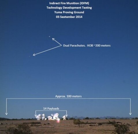 The Non-Lethal Indirect Fire Munition is an 81mm mortar round. Upon arrival over a target area, the case opens and discharges 14 sub-munitions. Those sub-munitions cover an area causing a non-lethal “flash-bang” effect to suppress personnel targets on the ground without causing permanent injury. Parachutes attached to the two sections of mortar casing enable the body of the munition to fall to earth slowly, to avoid inadvertent injury to personnel below.