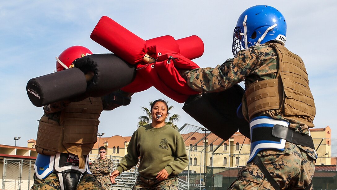 Marines participate in a pugil stick match during Marine Corps Martial Arts Program green belt training at Naval Air Station Sigonella, Italy, March 24, 2017. The Marines are assigned to the Special Purpose Marine Air-Ground Task Force Crisis Response – Africa logistics combat element. Marine Corps photo by Cpl. Samuel Guerra
