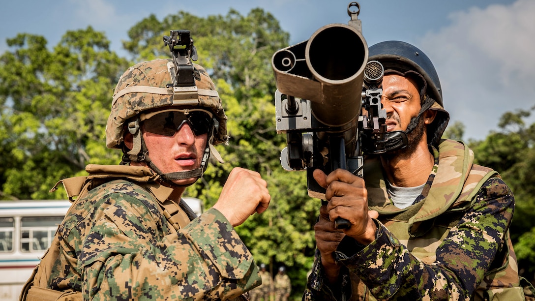Sri Lankan Marines get hands-on training with U.S. Marine equipment during a Theater Security Cooperation training event at Sri Lanka Naval Base, Trincomalee, Nov. 24, 2016. This bilateral training allows the two militaries to share tactics and procedures that help build and maintain military readiness, and increase humanitarian assistance and disaster relief preparedness. The 11th Marine Expeditionary Unit, part of the Makin Island Amphibious Ready Group, is operating in the U.S. 7th Fleet’s area of responsibility in support of security and stability in the Indo-Asia-Pacific region.