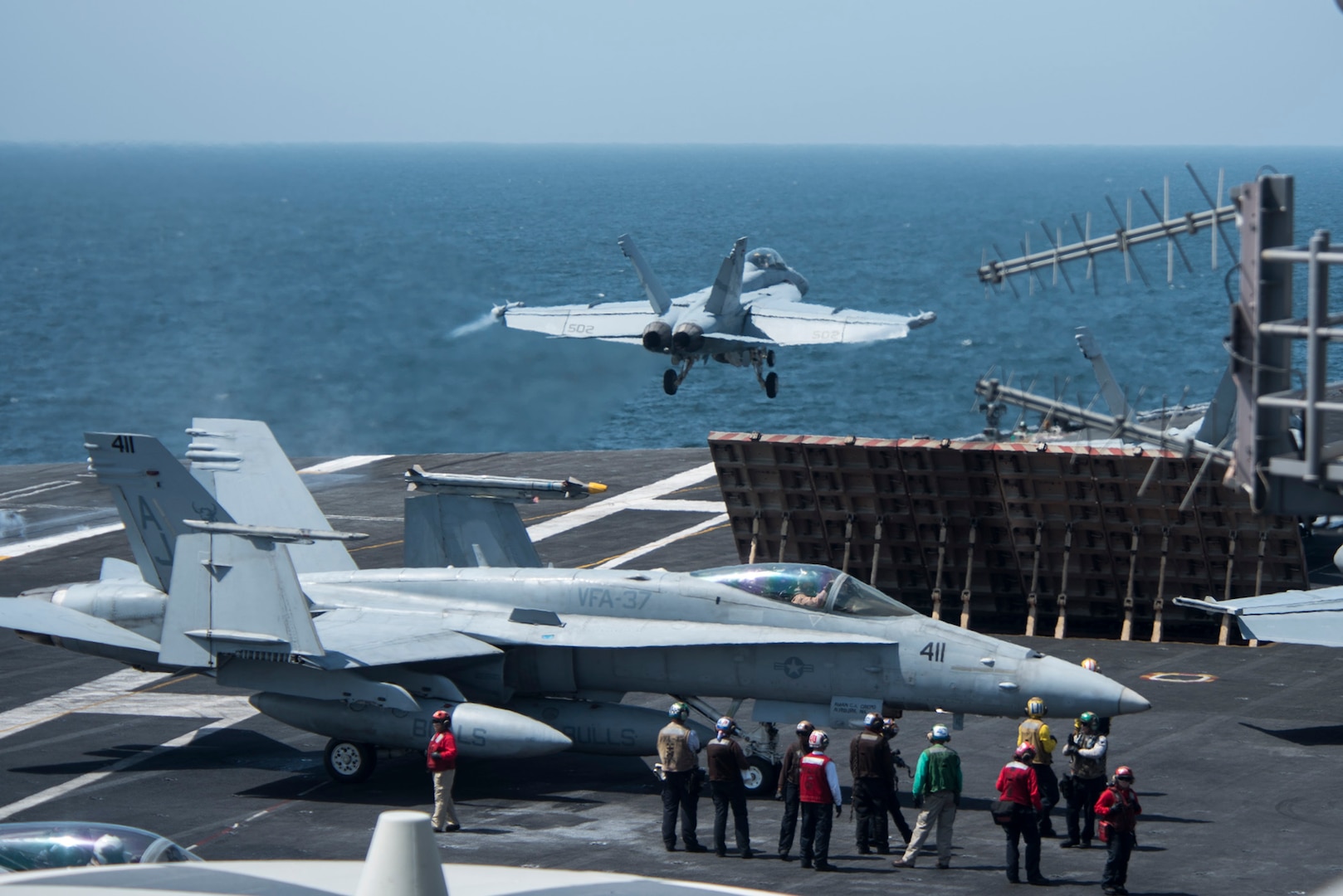 170318-N-YL257-006 
U.S. 5TH FLEET AREA OF OPERATIONS (March 18, 2017) An EA-18G Growler attached to the "Lancers" of Electronic Attack Squadron (VAQ) 131 launches from the flight deck of the aircraft carrier USS George H.W. Bush (CVN 77). The carrier is part of the George H.W. Bush Carrier Strike Group and is deployed in support of maritime security operations and theater security cooperation efforts in the U.S. 5th Fleet area of operations. (U.S. Navy photo by Mass Communication Specialist 3rd Class Christopher Gaines/Released)