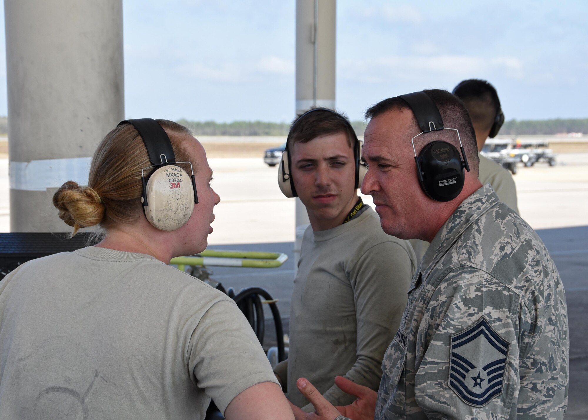 U.S. Air Force Senior Master Sgt. Brian Nehring, 43rd Aircraft Maintenance Unit assistant superintendent, speaks with his Airmen at Tyndall Air Force Base, Fla., March 21, 2017. Nehring was recently recognized with the Superior Leadership Captain P. Sijan Award, which he credits to the excellent work of his Airmen.