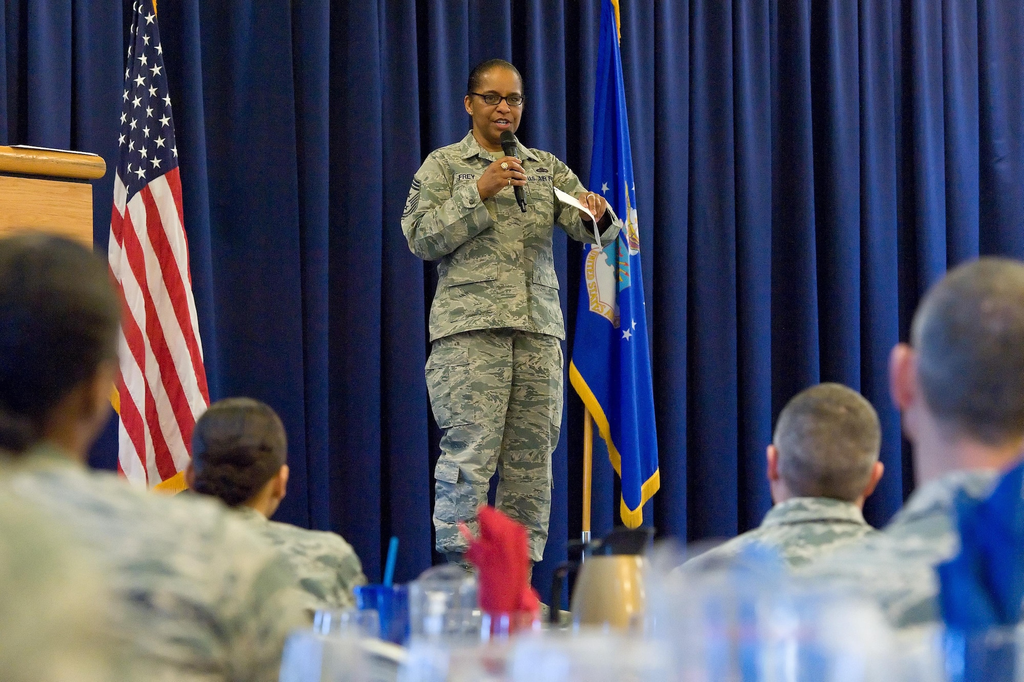 Chief Master Sgt. Shelina Frey, command chief for Air Mobility Command, Scott Air Force Base, Ill., speaks to Team Dover members during the Women's History Month Breakfast March 20, 2017, at The Landings on Dover Air Force Base, Del. Frey shared some of her personal dreams, struggles and triumphs in her life with more than 90 Airmen who attended the breakfast. (U.S. Air Force photo by Roland Balik)
