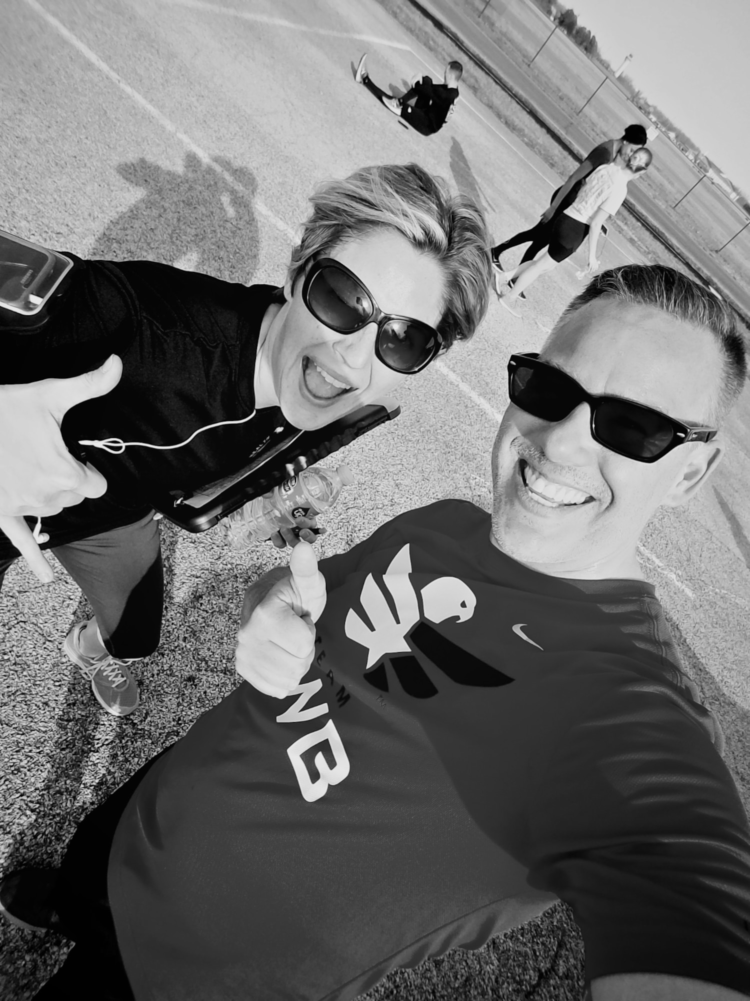Group 2 leader, Liz Wszalek, gets in a goofy selfie with Christopher Parr, during the long run day for the Scott Health Promotion Running Clinic, March 8, 2017, Scott Air Force Base, Illinois.  Parr chats with Wszalek in the week 6 of the "Turning All Runs Into Fun Runs, or How I Learned to Embrace the Running Suck" weekly blog by Parr. http://www.932aw.afrc.af.mil/News/Commentaries.aspx  (U.S. Air Force photo by Christopher Parr)