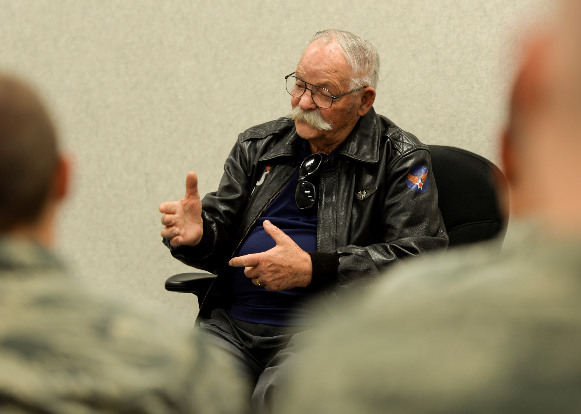 Robert Schilling, a former Airman and gunner on the AC-47 “Spooky,” tells stories of his military experience to a class inside the Airman Leadership School at Ellsworth Air Force Base, S.D., March 20, 2017. During his presentation, Schilling shared stories of his time in Vietnam and how good leadership can make a difference in a life-or-death situation. (U.S. Air Force photo by Airman 1st Class Randahl J. Jenson)