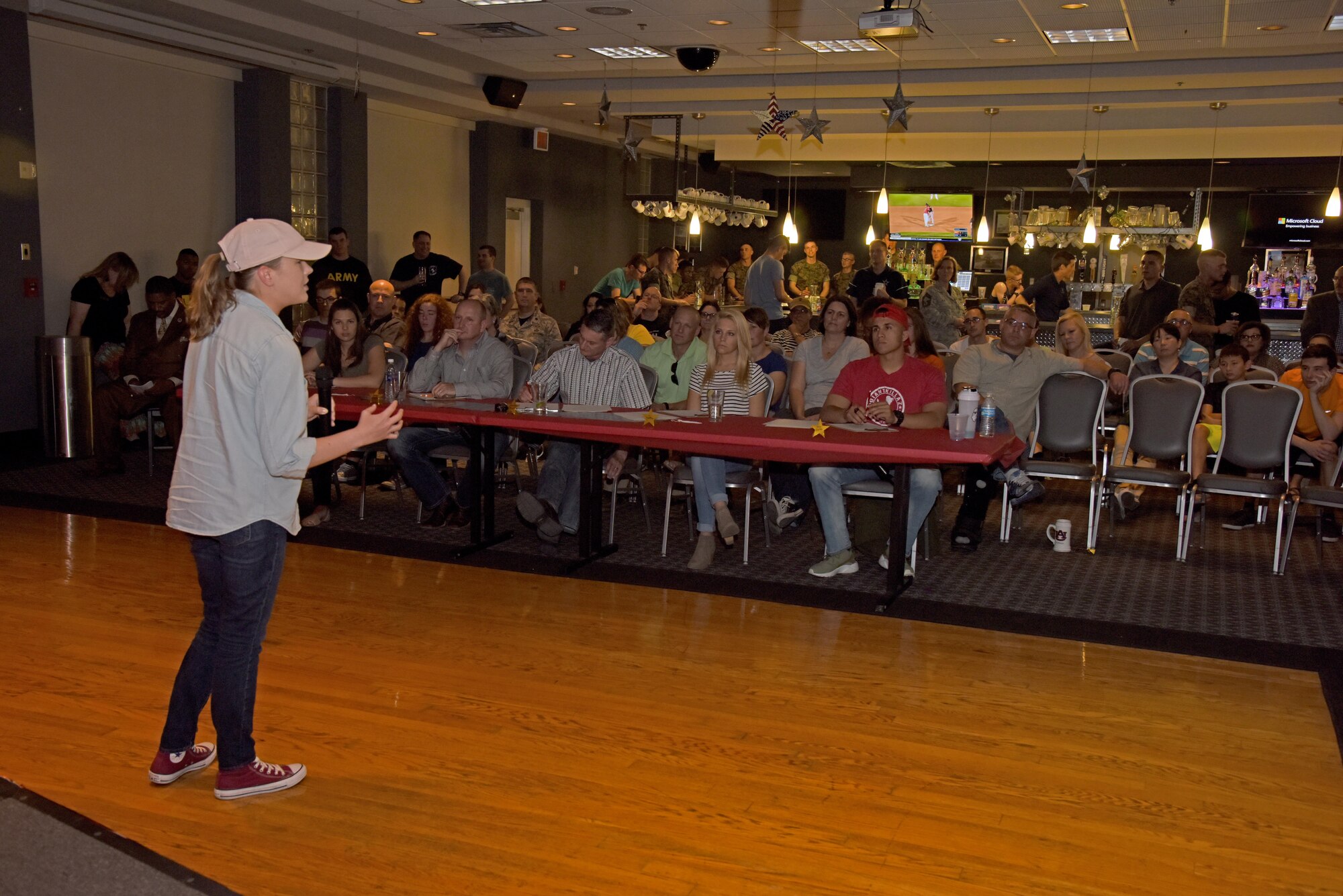 U.S. Air Force Airman 1st Class Kaitlynn Campbell, 316th Training Squadron student, performs the poem “the Crickets have Arthritis” during “Goodfellow’s Got Talent” at the event center on Goodfellow Air Force Base, Texas, March 24, 2017. The poem is about a meeting a bed-ridden boy in a hospital. (U.S. Air Force photo by Staff Sgt. Joshua Edwards/Released)