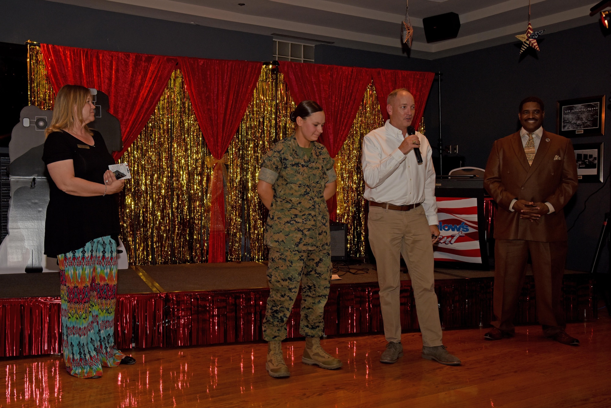 U.S. Air Force Col. Michael Downs, 17th Training Wing Commander, speaks at the end of “Goodfellow’s Got Talent” at the event center on Goodfellow Air Force Base, Texas, March 24, 2017. Downs thanked everyone for attending and congratulated U.S. Marine Corps Lance Cpl. Morgan Piatt, Marine Corps Detachment student, and the winners of the event. (U.S. Air Force photo by Staff Sgt. Joshua Edwards/Released)