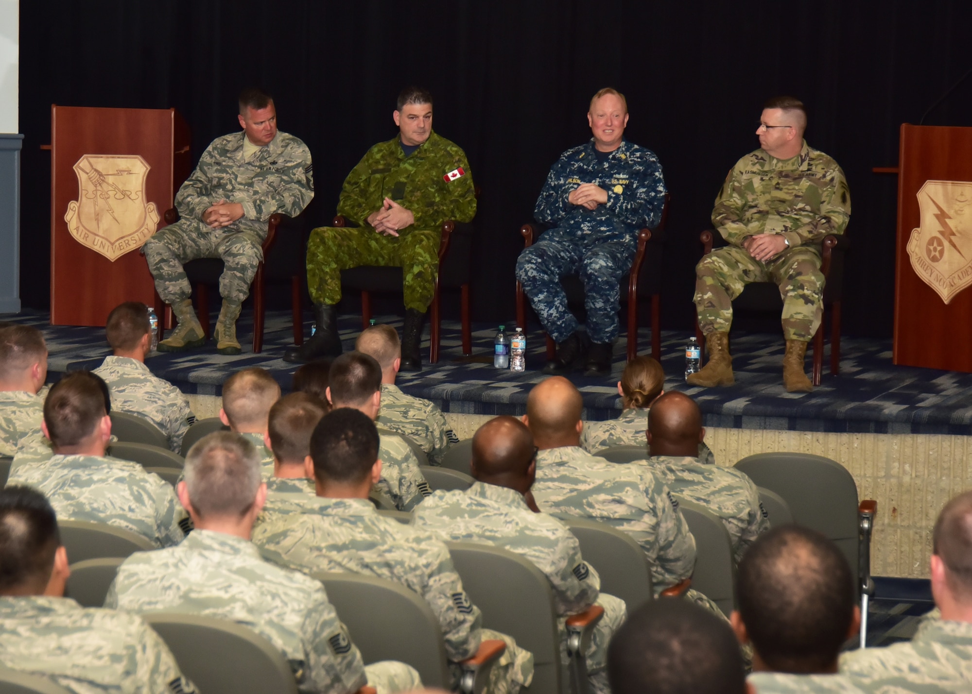 The Paul W. Airey NCO Academy hosted a joint military panel at the Tyndall Air Force Base, Fla., March 24, 2017. The four-man senior enlisted panel included service members from the U.S. Air Force, U.S. Army, U.S. Navy and the Royal Canadian Air Force and discussed career choices, answered student questions and provided detailed insight on joint environments. (U.S. Air Force photo by Senior Airman Sergio A. Gamboa/Released)