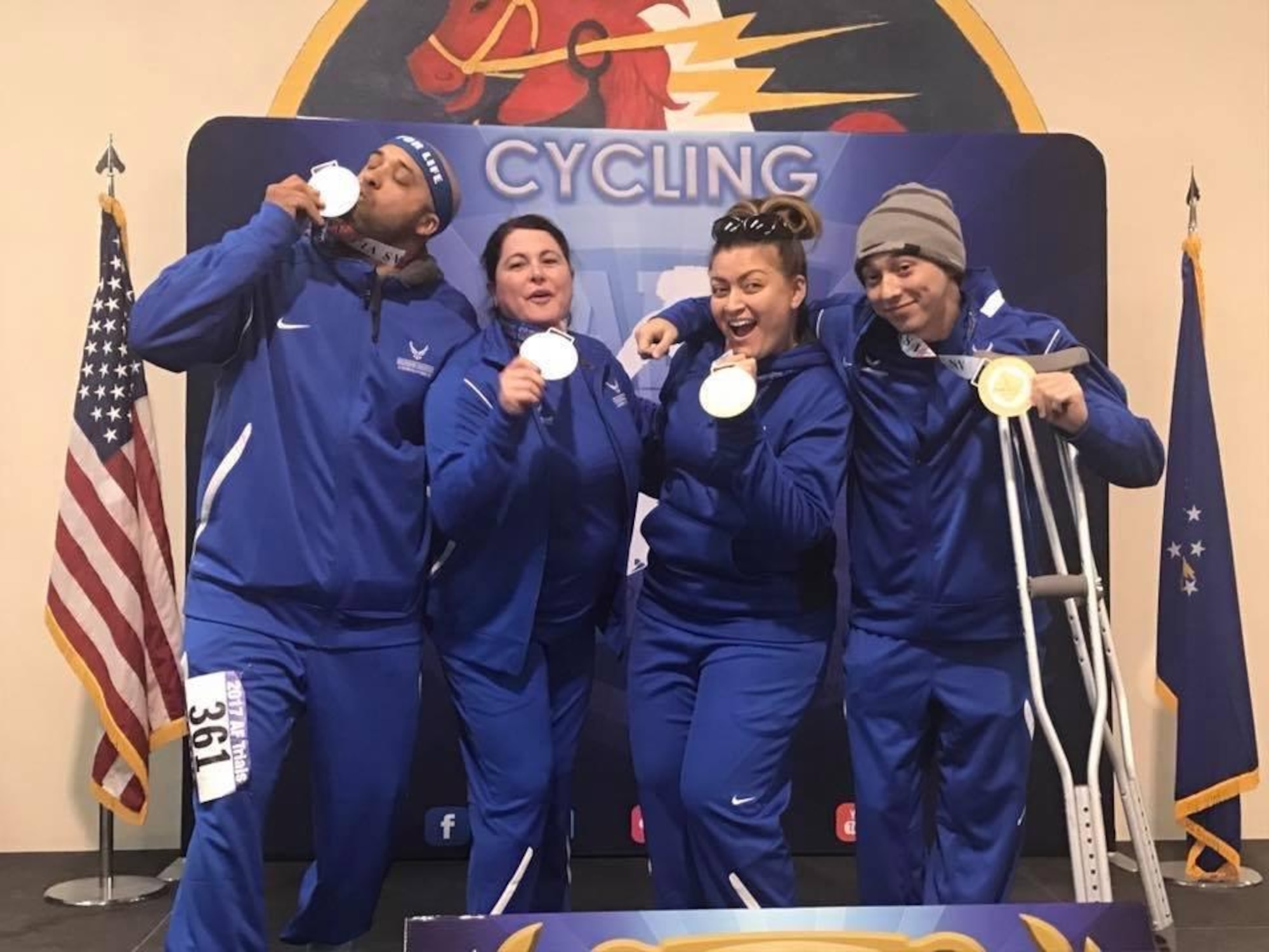 Tech. Sgt. Terrance Williams, 22nd Security Forces Squadron resources NCO in-charge, and his teammates pose for a photo during the Air Force Wounded Warrior Trials, February 2017, at Nellis Air Force Base, Nev. After competing in wheelchair basketball, sitting volleyball, cycling and track, Williams was chosen to advance to the Department of Defense Warrior Games, which will be held June 30-July 9. (Courtesy photo)