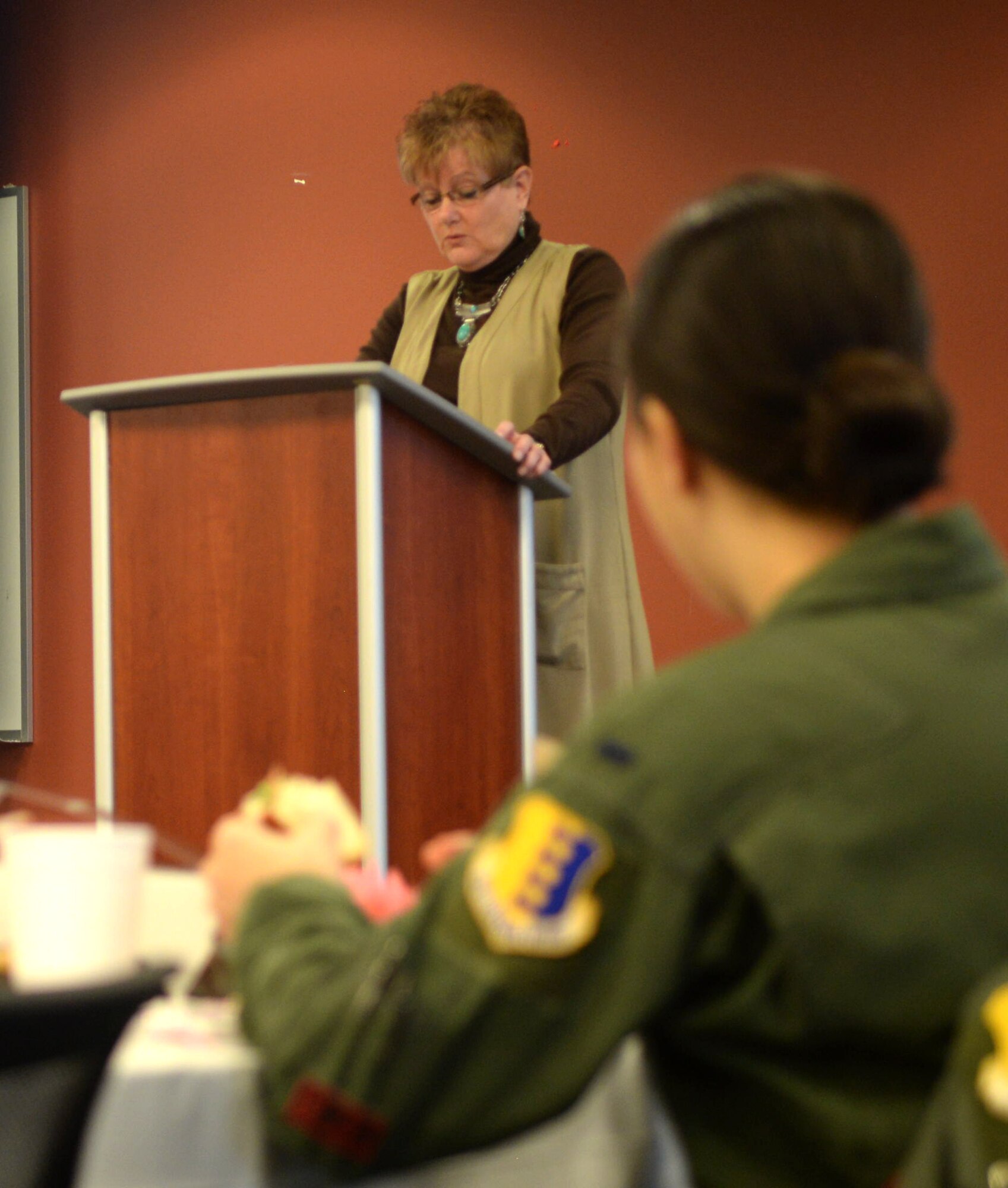 Donna Roebuck, a retired U.S. Army master sergeant, speaks during a Women’s History Month luncheon inside the Deployment Center at Ellsworth Air Force Base, S.D., March 21, 2017. Each year, Ellsworth hosts a luncheon to reflect and highlight the accomplishments of women, in the past and present, for their contributions to the fight for equality and justice. (U.S. Air Force photo by Airman 1st Class Denise M. Jenson)